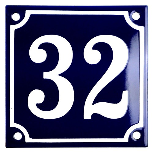 Emaljeskilt 32 blå - hvid 10 x 10 cm model 11