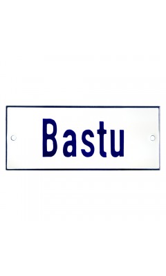 Emaljskylt Bastu vit - blå 12 x 5 cm modell 1-3