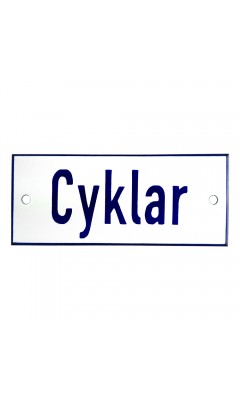 Emaljskylt Cyklar vit - blå 12 x 5 cm modell 1-3