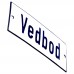 Emaljskylt Vedbod vit - blå 12 x 5 cm modell 1-3