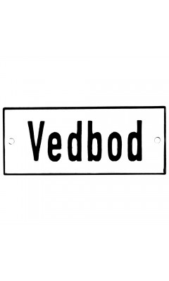 Emaljskylt Vedbod vit - svart 12 x 5 cm modell 2-3 Emaljskylt Vedbod vit - svart 12 x 5 cm modell 2-3