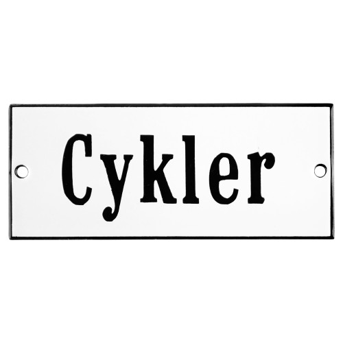 Emaljskylt Cykler vit - svart 12 x 5 cm modell 4-3