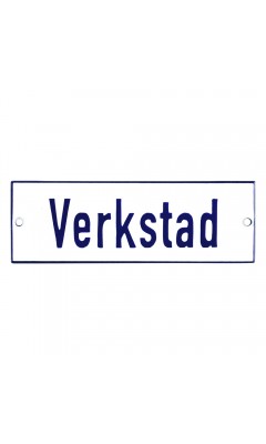 Emaljskylt Verkstad vit - blå 15 x 5 cm modell 1-3