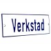 Emaljskylt Verkstad vit - blå 15 x 5 cm modell 1-3
