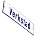 Emaljskylt Verkstad vit - blå 15 x 5 cm modell 1-3