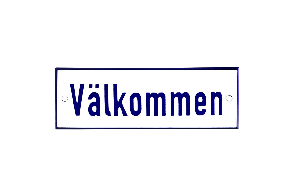 Emaljskylt Välkommen vit - blå 15 x 5 cm modell 1-3 Emaljskylt Välkommen vit - blå 15 x 5 cm modell 1-3