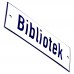 Emaljskylt Bibliotek vit - blå 15 x 5 cm modell 1-3