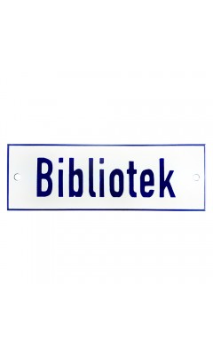 Emaljskylt Bibliotek vit - blå 15 x 5 cm modell 1-3