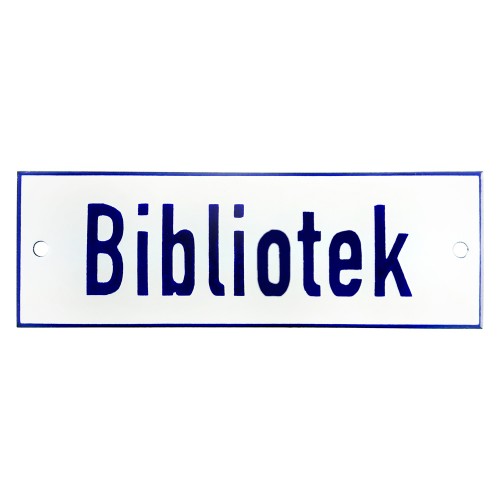 Emaljskylt Bibliotek vit - blå 15 x 5 cm modell 1-3