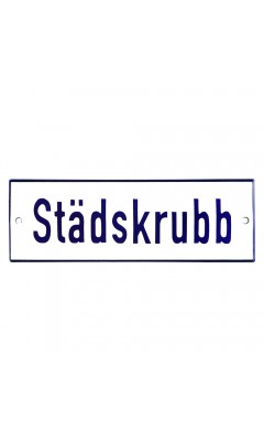 Emaljskylt Städskrubb vit - blå 15 x 5 cm modell 1-3 Emaljskylt Städskrubb vit - blå 15 x 5 cm modell 1-3