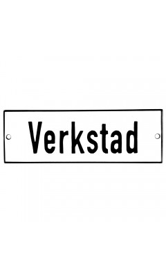 Emaljskylt Verkstad vit - svart 15 x 5 cm modell 2-3