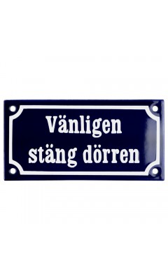 Emaljskylt Vänligen stäng dörren blå - vit 15 x 7,5 cm modell 11-3 Emaljskylt Vänligen stäng dörren blå - vit 15 x 7,5 cm modell 11-3