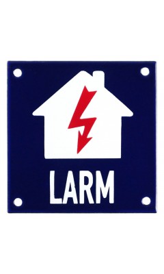 Emaljskylt LARM blixt blå - vit 10 x 10 cm modell 34-3