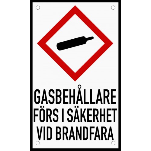 Emaljskylt GASBEHÅLLARE FÖRS I SÄKERHET VID BRANDFARA vit - svart 12 x 20 cm modell 35-3