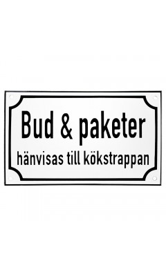 Emaljskylt Bud & paketer hänvisas till kökstrappan vit - svart 20 x 12 cm modell 39-3 Emaljskylt Bud & paketer hänvisas till kökstrappan vit - svart 20 x 12 cm modell 39-3