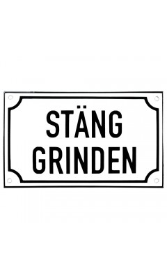 Emaljskylt STÄNG GRINDEN vit - svart 20 x 12 cm modell 39-3 Emaljskylt STÄNG GRINDEN vit - svart 20 x 12 cm modell 39-3