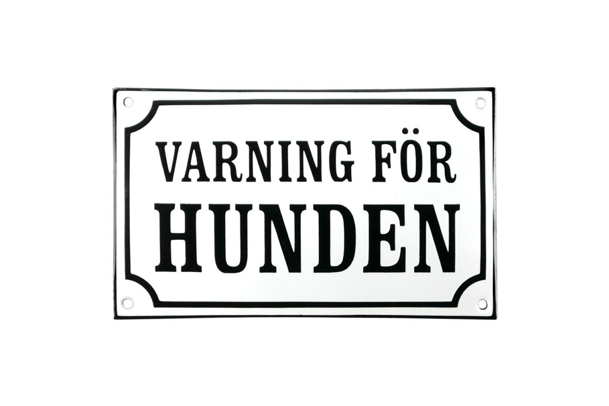 Emaljskylt VARNING FÖR HUNDEN vit - svart 20 x 12 cm modell 10-3 Emaljskylt VARNING FÖR HUNDEN vit - svart 20 x 12 cm modell 10-3